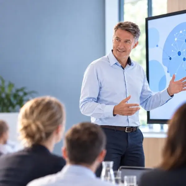Bernd Rudmann vor einem Whiteboard bei einem KI-Training für Mitarbeitende eines Unternehmens