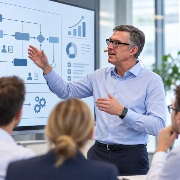Bernd Rudmann vor einem Whiteboard bei einer KI-Prozessberatung